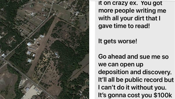 A portion of a text message that Dan Gryder sent to Charles Cook, the owner of Flying Oaks Airport in Fort Worth, Texas (pictured). Cook sued Gryder for defamation. Images via Google Earth and court records.